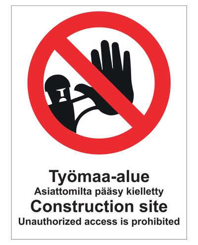 Työmaa-alue asiattomilta pääsy kielletty englanti, Tarra, 200x300 mm