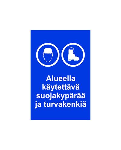 Alueella käytettävä suojakypärää ja suojakenkiä, Tarra, 200x300 mm