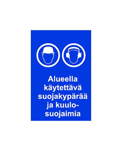 Alueella käytettävä suojakypärää ja kuulosuojaimia, Tarra, 200x300 mm